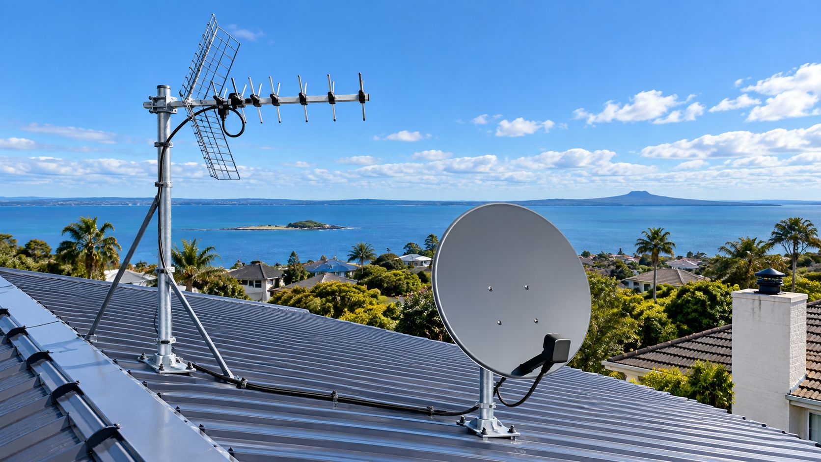 TV aerial and satellite dish installed on a metal roof with ocean and Rangitoto view