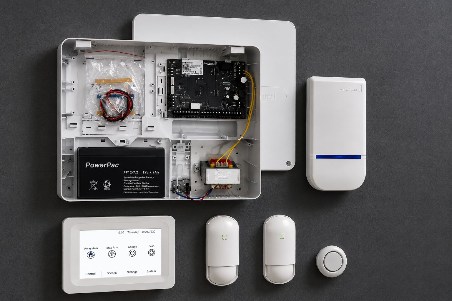Home alarm system control panel, keypad, motion sensors, and siren