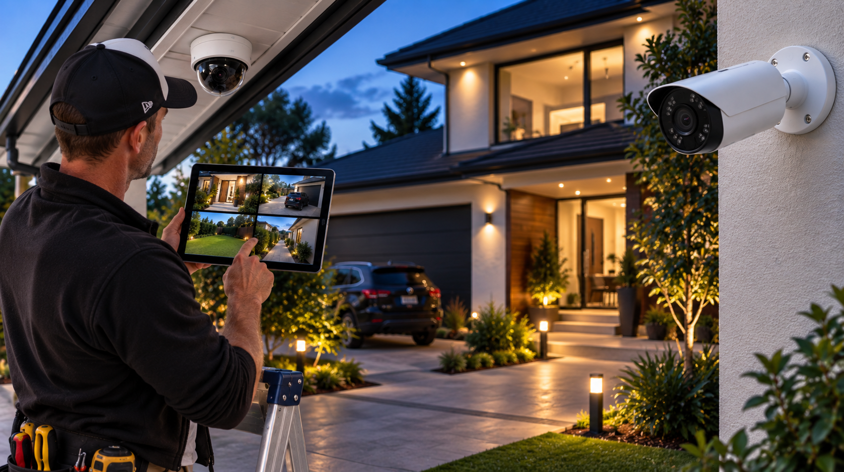 Technician installing a security camera and monitoring feeds on a tablet outside a home