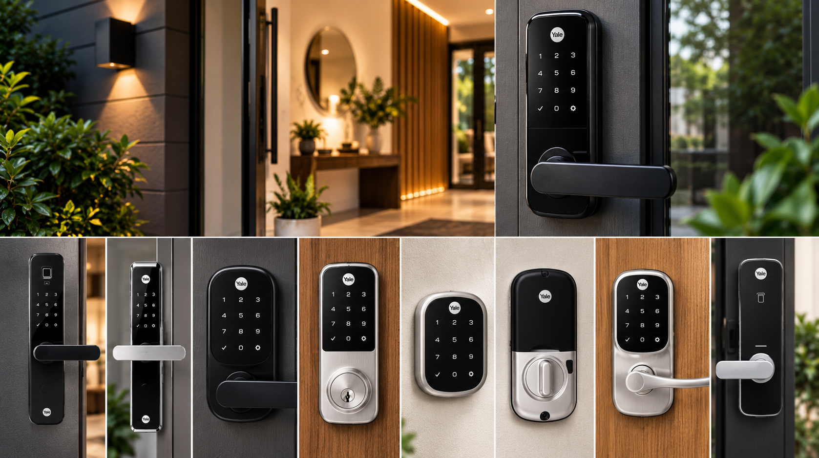 Collage of Yale digital door lock models installed on various doors
