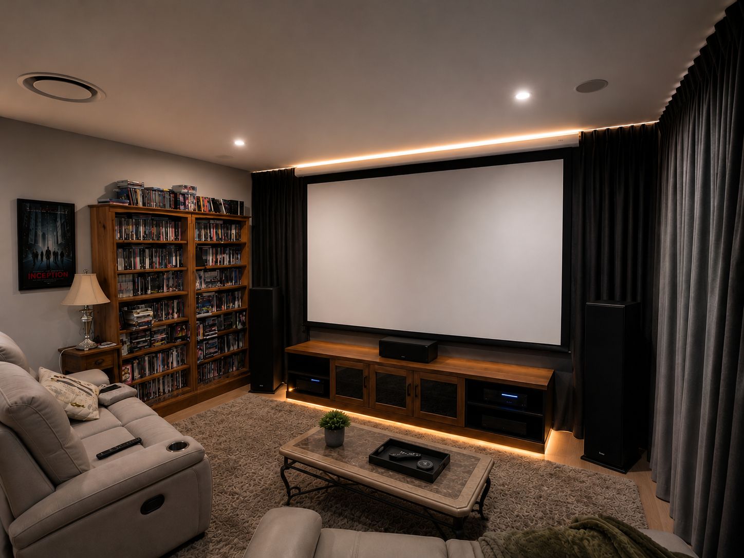 Dedicated home cinema room with drop-down screen and surround speakers