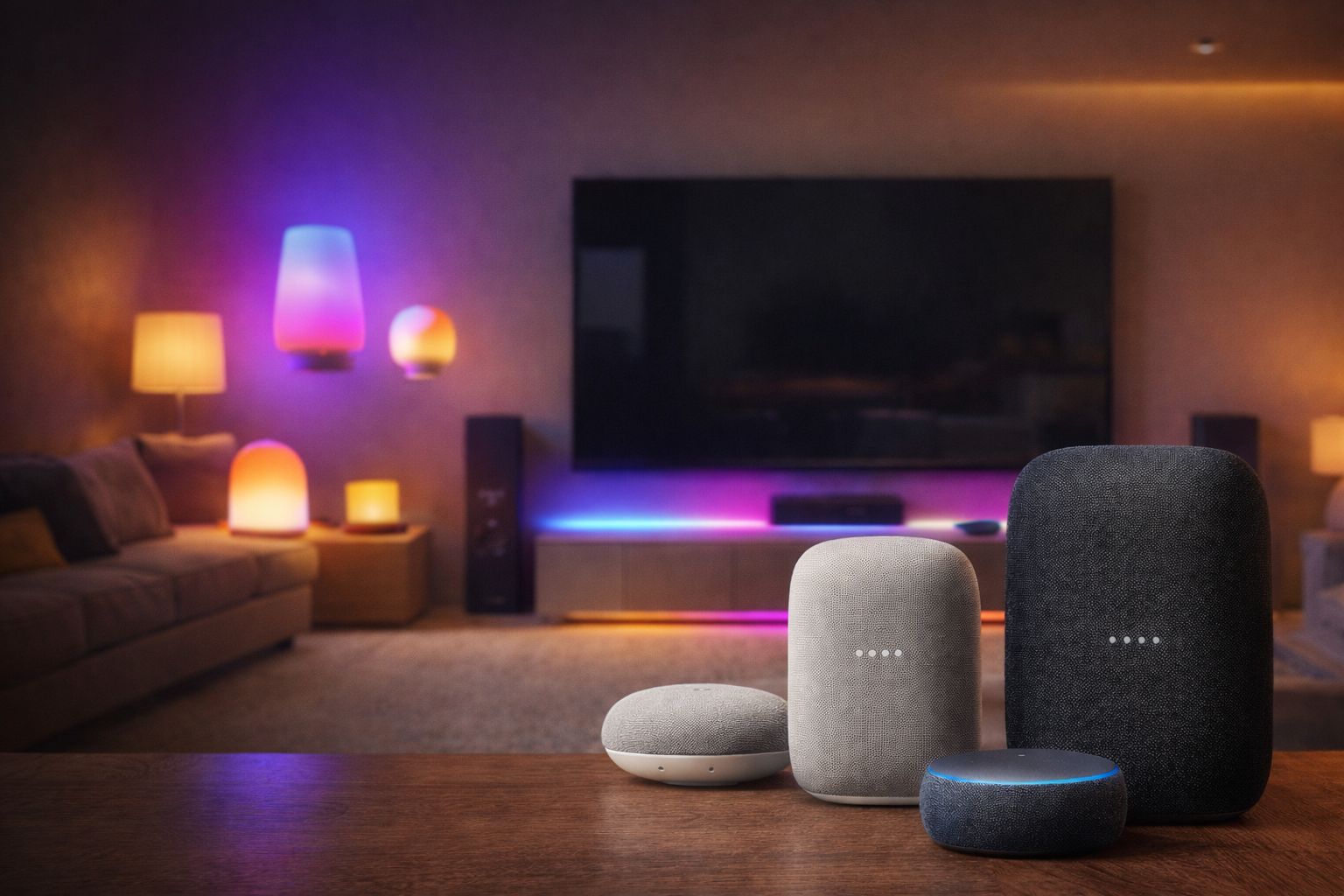 Smart speakers on a table with colour-changing smart lighting in the background