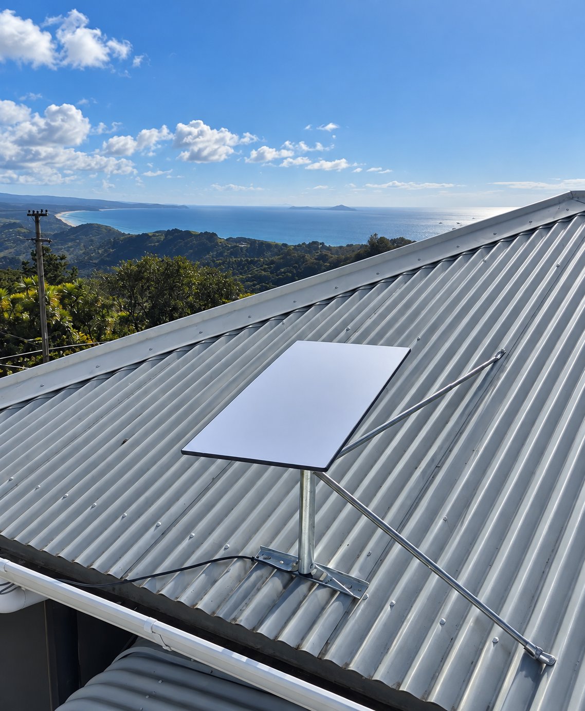 Starlink dish mounted on a corrugated iron roof with coastal views, Leigh