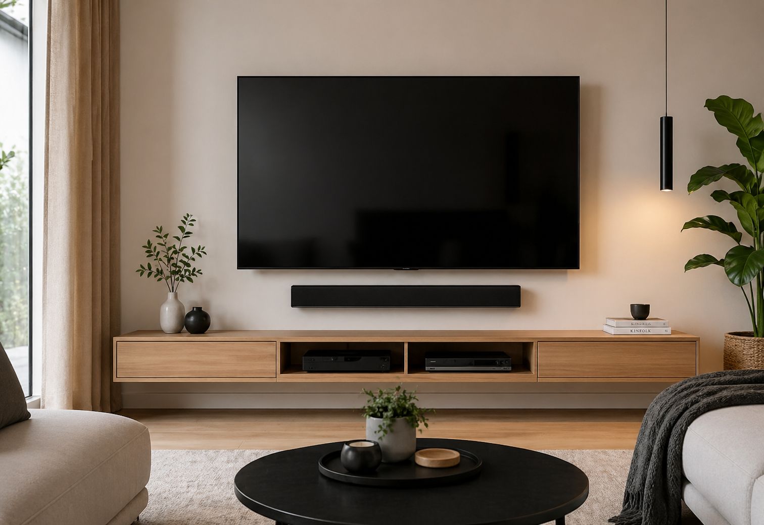 Wall-mounted TV with soundbar above a floating timber media unit